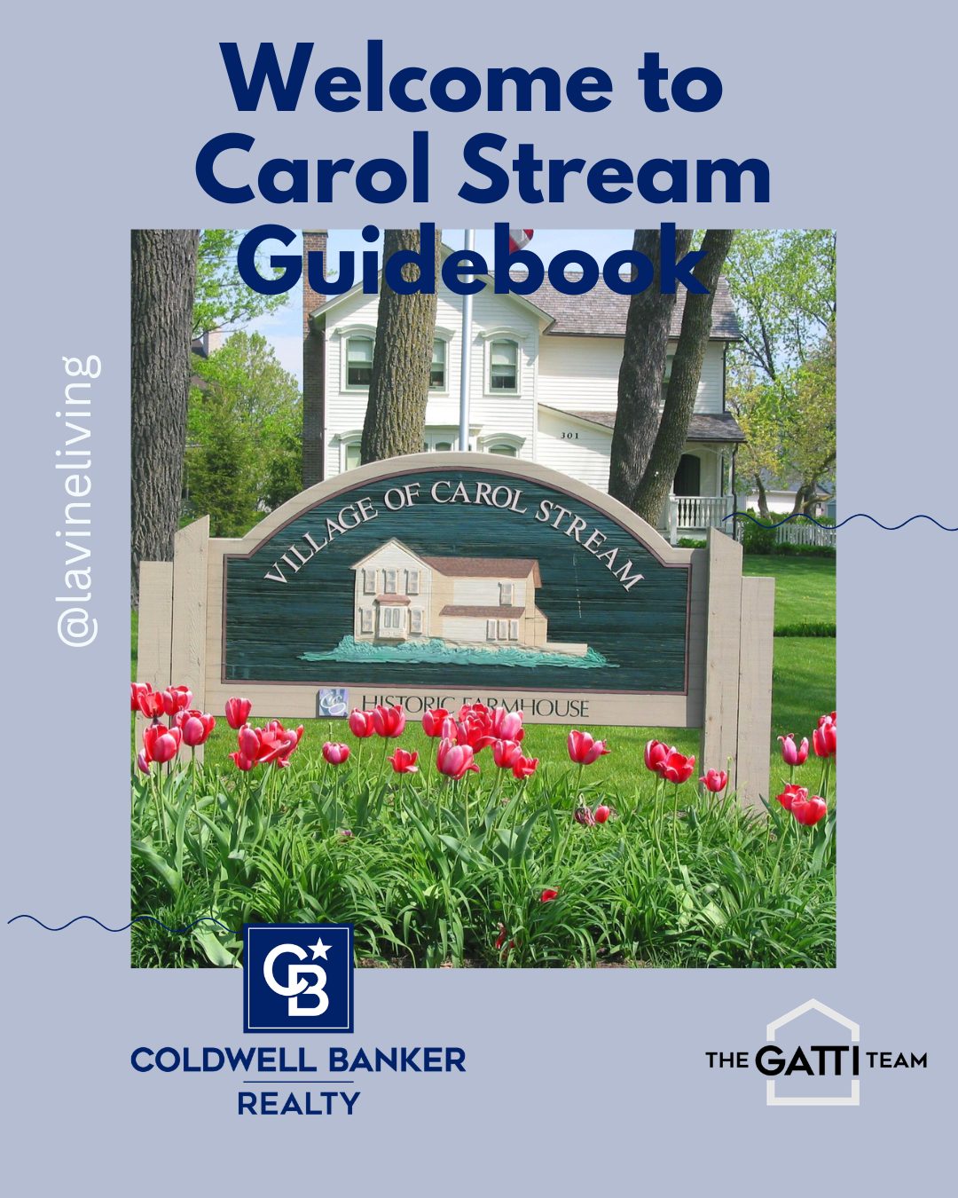 Cover photo of the village of Carol Stream sign with a Headline of Welcome to Carol Stream Guidebook.